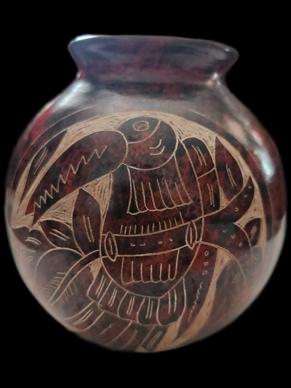 Nicaraguan Incised Pottery Vase Bird Monkey Jungle Brown Tan 5